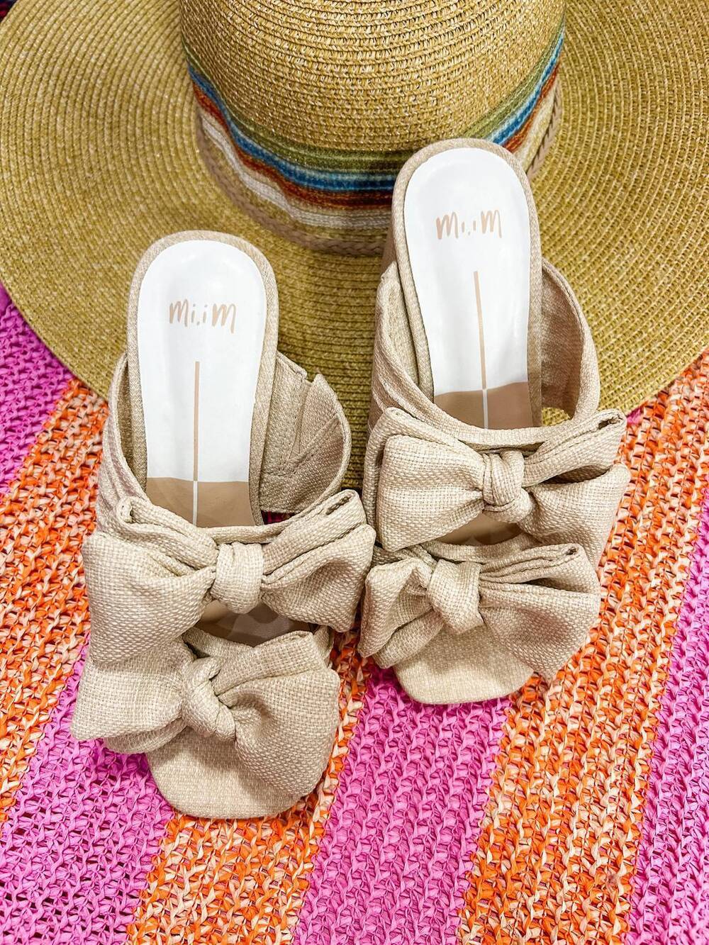 NEW MI.IM women's lucy double bow block heel in beige